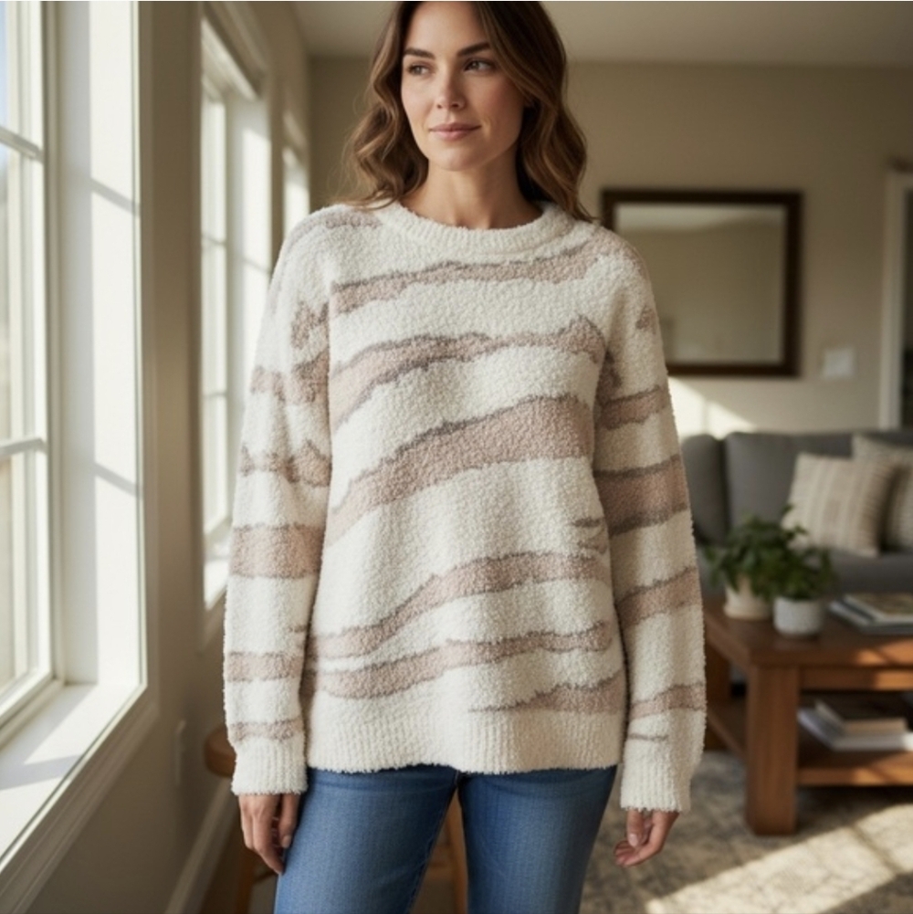 Barefoot Dreams CozyChic Womens 1X Seaside Crewneck Pullover Zebra Print Sweater